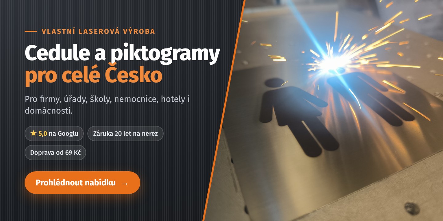 Laserové gravírování nerezové cedule s piktogramem ve vlastní dílně