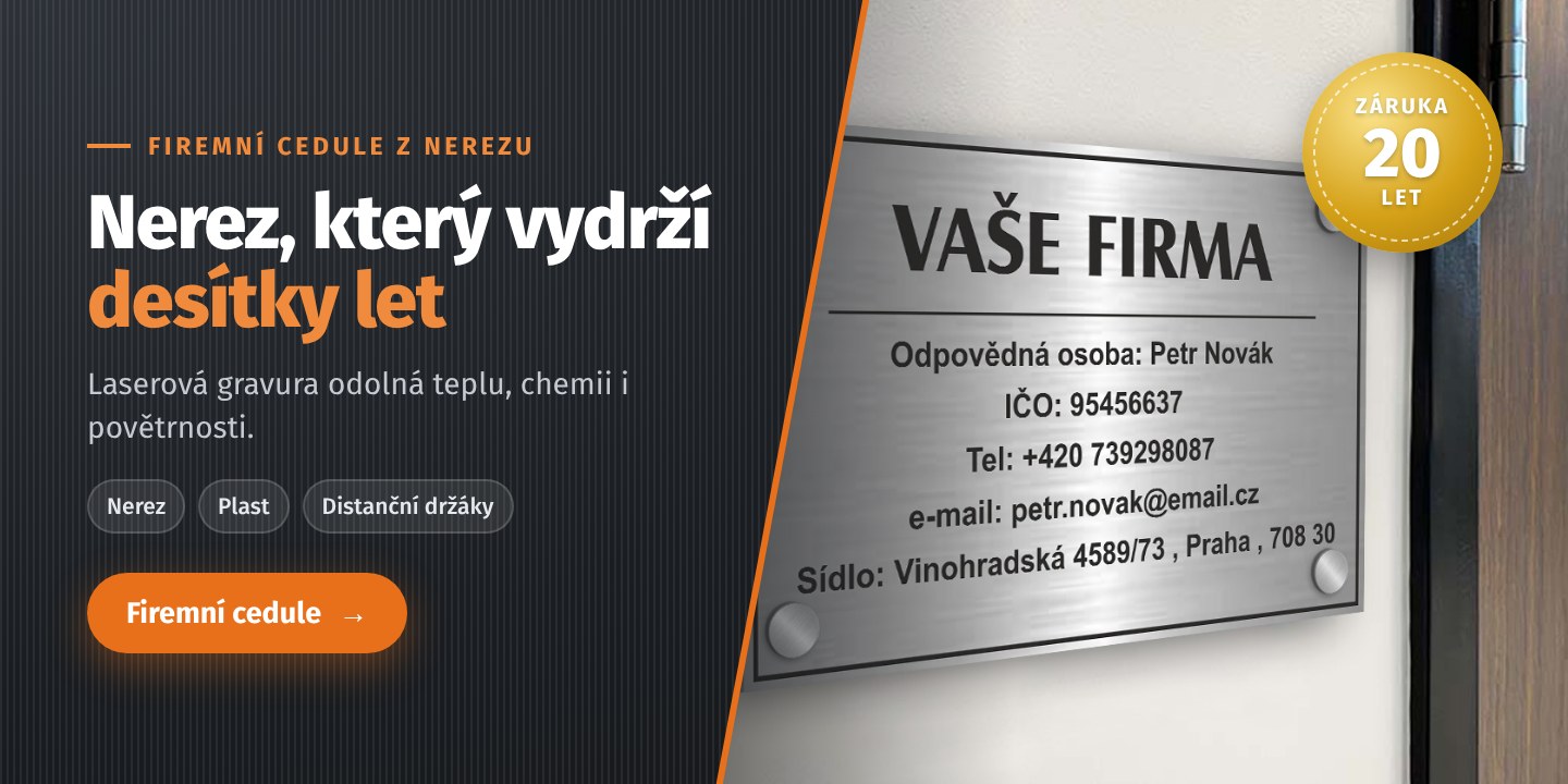 Nerezová firemní cedule s gravírovaným textem a distančními držáky – záruka 20 let