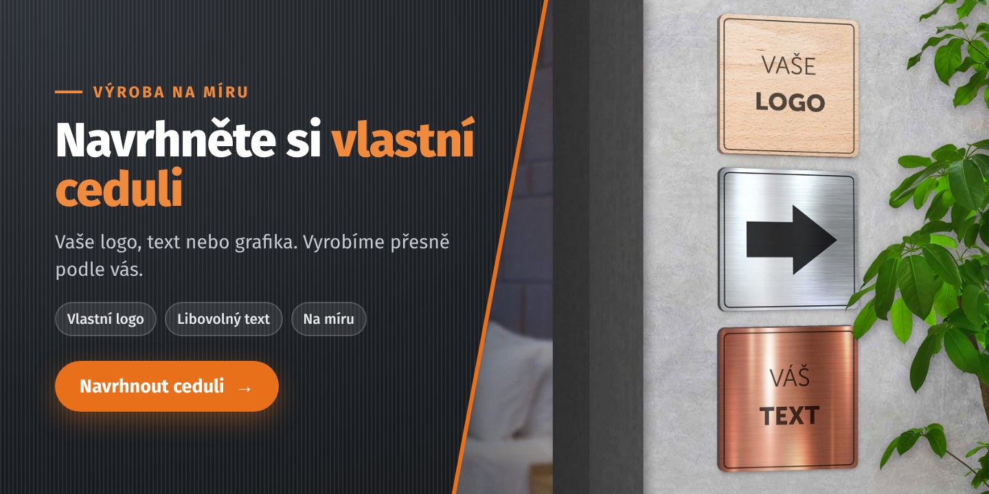 Cedule s vlastním logem a textem ze dřeva, nerezu a bronzu vyrobené na míru
