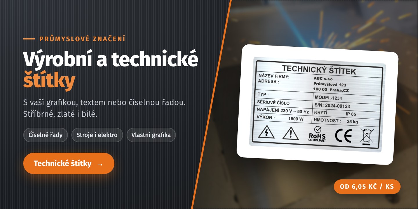 Výrobní a technické štítky s vlastní grafikou, textem nebo číselnou řadou od 6,05 Kč