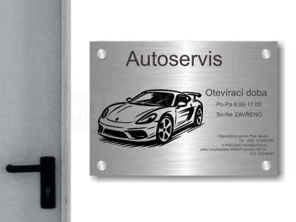 Cedule otevírací doba – AUTOSERVIS – B (Materiál Kov, Plast (dekór) NEREZ Broušená, Velikost A3 (30x42cm))