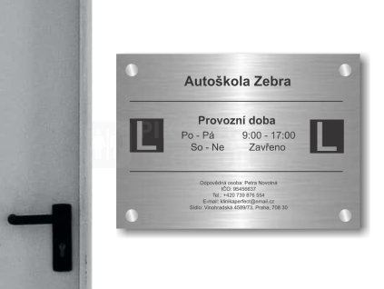 Cedule otevírací doba – AUTOŠKOLA – C (Materiál Kov, Plast (dekór) NEREZ Broušená, Velikost A3 (30x42cm))