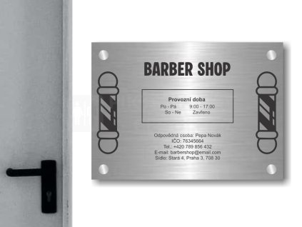 Cedule otevírací doba – BARBER SHOP – A (Materiál Kov, Plast (dekór) NEREZ Broušená, Velikost A3 (30x42cm))