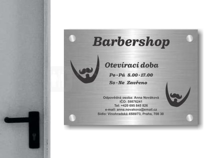 Cedule otevírací doba – BARBER SHOP – B (Materiál Kov, Plast (dekór) NEREZ Broušená, Velikost A3 (30x42cm))