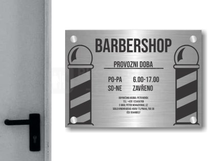 Cedule otevírací doba – BARBER SHOP – C (Materiál Kov, Plast (dekór) NEREZ Broušená, Velikost A3 (30x42cm))