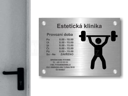Cedule otevírací doba – FITNESS – A (Materiál Kov, Plast (dekór) NEREZ Broušená, Velikost A3 (30x42cm))