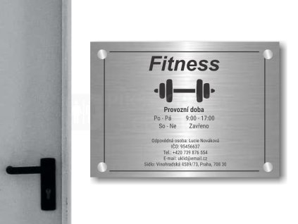 Cedule otevírací doba – FITNESS – B (Materiál Kov, Plast (dekór) NEREZ Broušená, Velikost A3 (30x42cm))