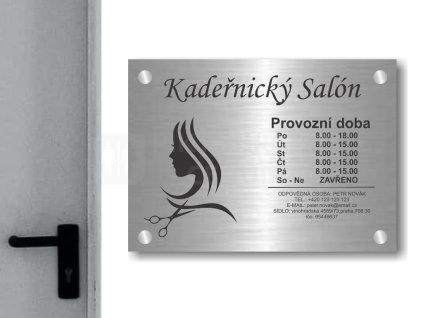 Cedule otevírací doba – KADEŘNICTVÍ – A (Materiál Kov, Plast (dekór) NEREZ Broušená, Velikost A3 (30x42cm))