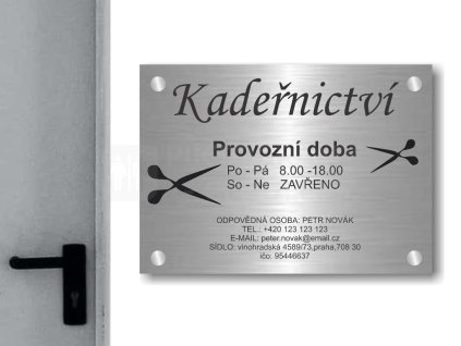 Cedule otevírací doba – KADEŘNICTVÍ – C (Materiál Kov, Plast (dekór) NEREZ Broušená, Velikost A3 (30x42cm))