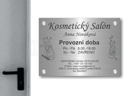 Cedule otevírací doba – KOSMETICKY SALON – A (Materiál Kov, Plast (dekór) NEREZ Broušená, Velikost A3 (30x42cm))