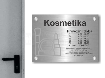 Cedule otevírací doba – KOSMETICKY SALON – B (Materiál Kov, Plast (dekór) NEREZ Broušená, Velikost A3 (30x42cm))