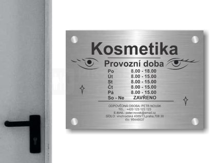 Cedule otevírací doba – KOSMETICKY SALON – C (Materiál Kov, Plast (dekór) NEREZ Broušená, Velikost A3 (30x42cm))