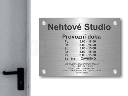 Cedule otevírací doba – NECHTOVE STUDIO – A (Materiál Kov, Plast (dekór) NEREZ Broušená, Velikost A3 (30x42cm))