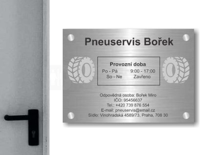 Cedule otevírací doba – PNEUSERVIS – A (Materiál Kov, Plast (dekór) NEREZ Broušená, Velikost A3 (30x42cm))