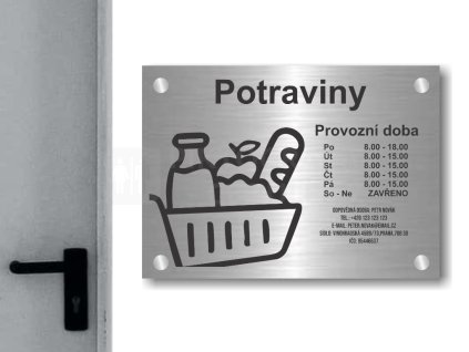 Cedule otevírací doba – POTRAVINY – B (Materiál Kov, Plast (dekór) NEREZ Broušená, Velikost A3 (30x42cm))