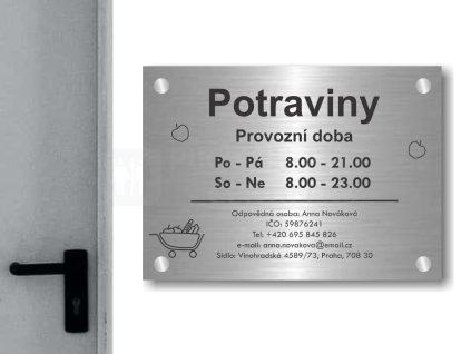 Cedule otevírací doba – POTRAVINY – C (Materiál Kov, Plast (dekór) NEREZ Broušená, Velikost A3 (30x42cm))