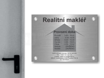 Cedule otevírací doba – REALITNI MAKLER – C (Materiál Kov, Plast (dekór) NEREZ Broušená, Velikost A3 (30x42cm))