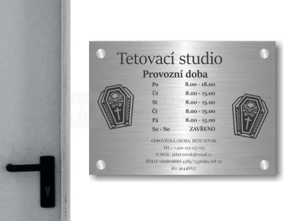 Cedule otevírací doba – TETOVACÍ STUDIO – A (Materiál Kov, Plast (dekór) NEREZ Broušená, Velikost A3 (30x42cm))