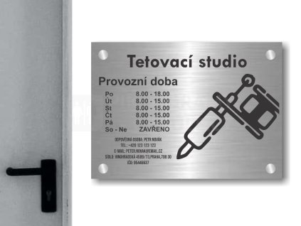 Cedule otevírací doba – TETOVACÍ STUDIO – B (Materiál Kov, Plast (dekór) NEREZ Broušená, Velikost A3 (30x42cm))