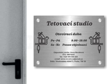 Cedule otevírací doba – TETOVACÍ STUDIO – C (Materiál Kov, Plast (dekór) NEREZ Broušená, Velikost A3 (30x42cm))