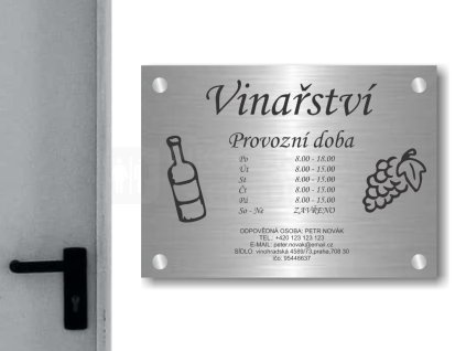 Cedule otevírací doba – VINOTEKA – B (Materiál Kov, Plast (dekór) NEREZ Broušená, Velikost A3 (30x42cm))