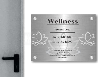 Cedule otevírací doba – WELLNESS – B (Materiál Kov, Plast (dekór) NEREZ Broušená, Velikost A3 (30x42cm))