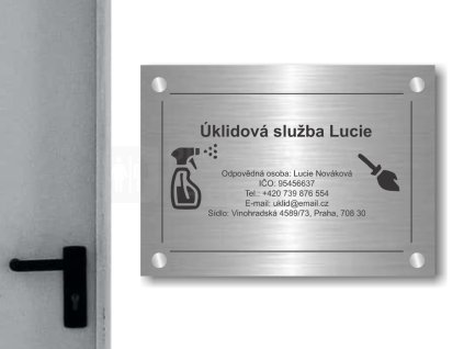 Cedule otevírací doba – UKLIDOVA FIRMA – B (Materiál Kov, Plast (dekór) NEREZ Broušená, Velikost A3 (30x42cm))