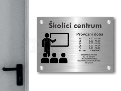 Cedule otevírací doba – SKOLICI CENTRUM – A (Materiál Kov, Plast (dekór) NEREZ Broušená, Velikost A3 (30x42cm))