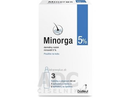 Minorga 5 % dermálny roztok sol der (fľ.HDPE+3 aplik.s dýzou+2 aplik.so špičkou) 3x60 ml