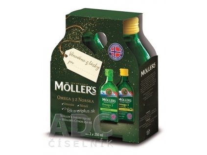 MOLLER´S Omega 3 RYBÍ OLEJ (Citrón + Jablko) darčekové balenie, 2 príchute, 2x250 ml, 1x1 set