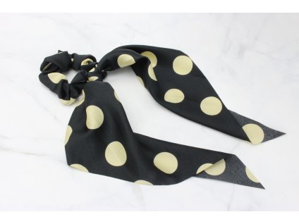 Scrunchie s výraznou mašľou čierna s béžovými guličkami