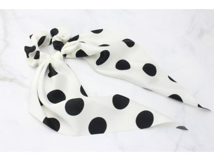 Scrunchie s výraznou mašľou biela s čiernymi guličkami