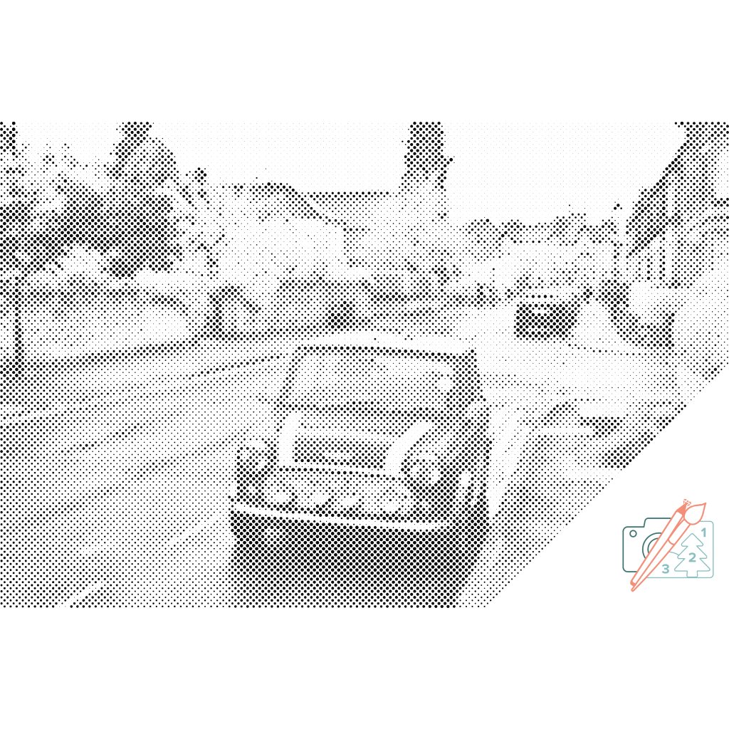 Puntillismo – Mini-Cooper en la carretera