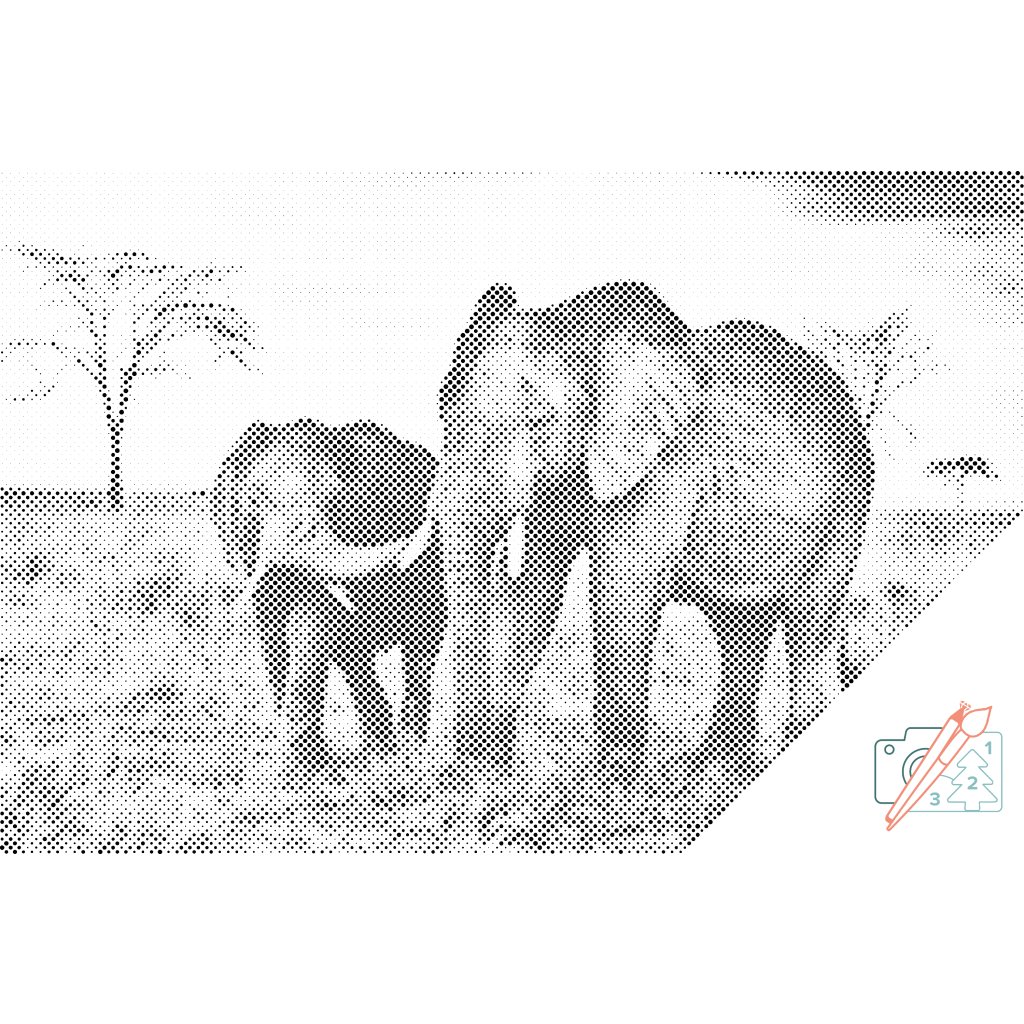 Puntillismo – Cría de elefante con su madre