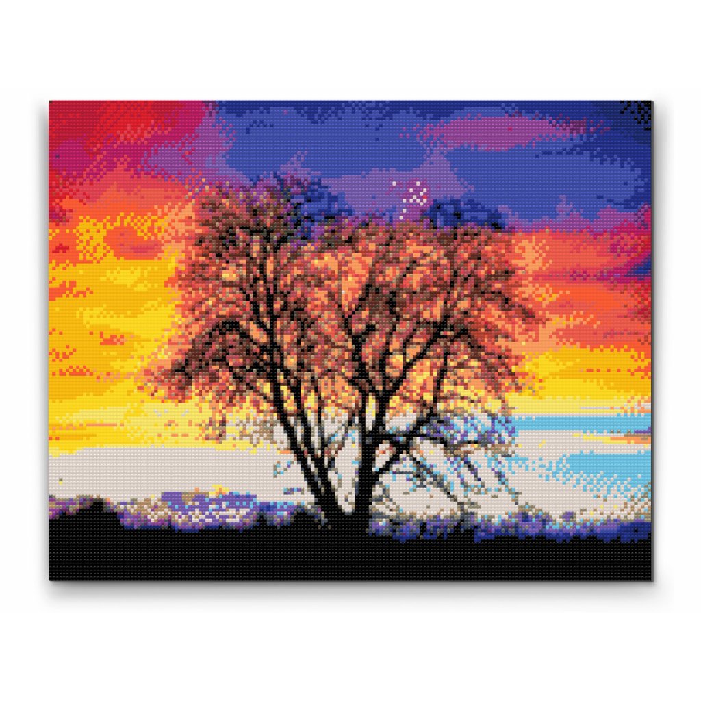 Pintura de diamante - Árbol y puesta de sol colorida
