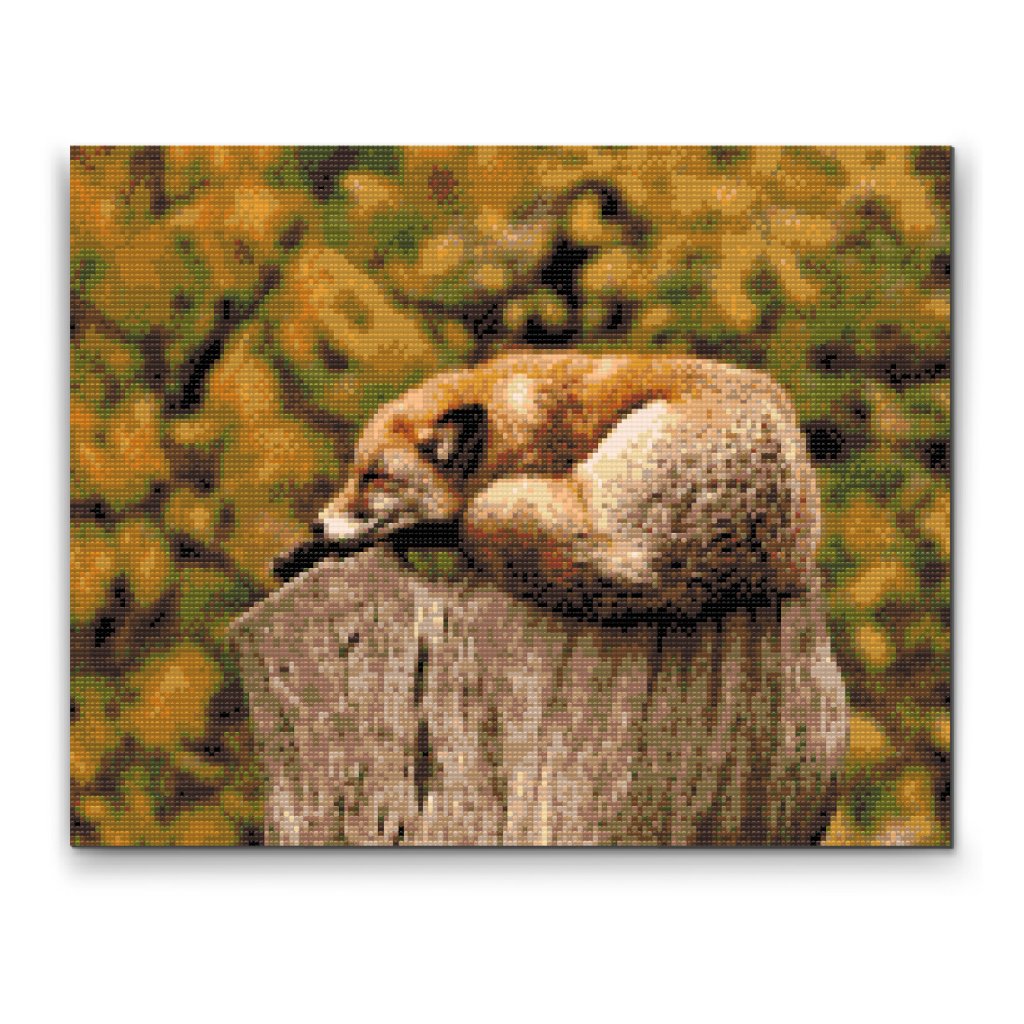 Pintura de diamante - Zorro descansando en el tronco de un árbol
