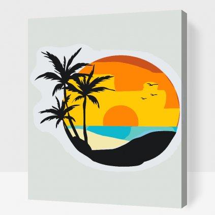 Pintura por números - Playa, palmeras, puesta de sol