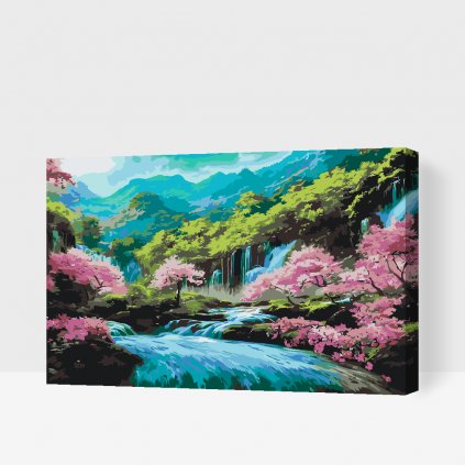 Pintura por números - Árboles en flor al lado de una cascada