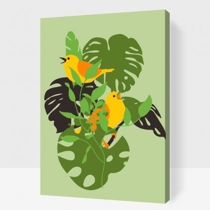 Pintura por números - Pájaros posados en una monstera