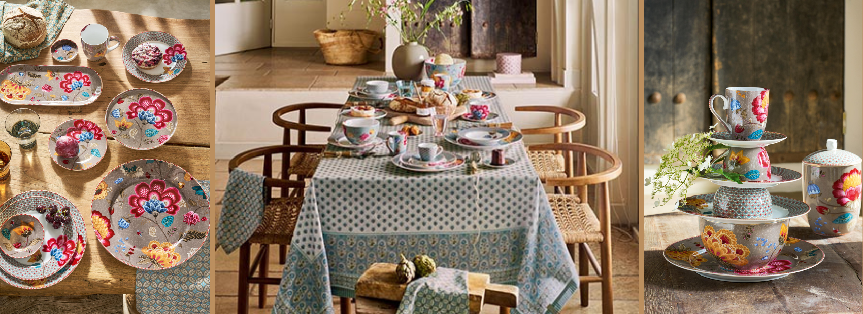 Pip Studio Kolekce porcelánu Blooming Tales v modré a khaki barvě s velkými květy