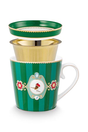 Pip Studio Love Birds Medalion Green Stripes porcelánový pruhovaný zelený hrnek s ptáčkem, sítko na čaj a poklička nebo podtácek