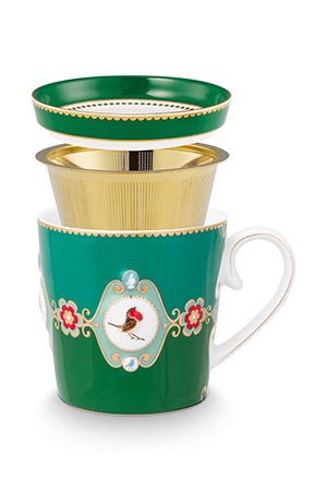 Pip Studio porcelánový hrnek Love Birds v zelené barvě s ptáčkem , zlaté sítko na bylinky a odkládací tácek nebo podšálek v zelené barvě a vše se zlatým zdobením 