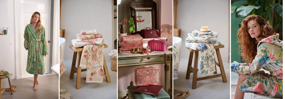 koláž s Pip Studio froté župany , ručníky a osušky z kolekce Secret Garden a Good Evening , bílá, zelená, korálová a khaki barva produktu, kosmetické taštičky a kufříky v ružové a červené barvě jednobarevné a se vzorem Jabali