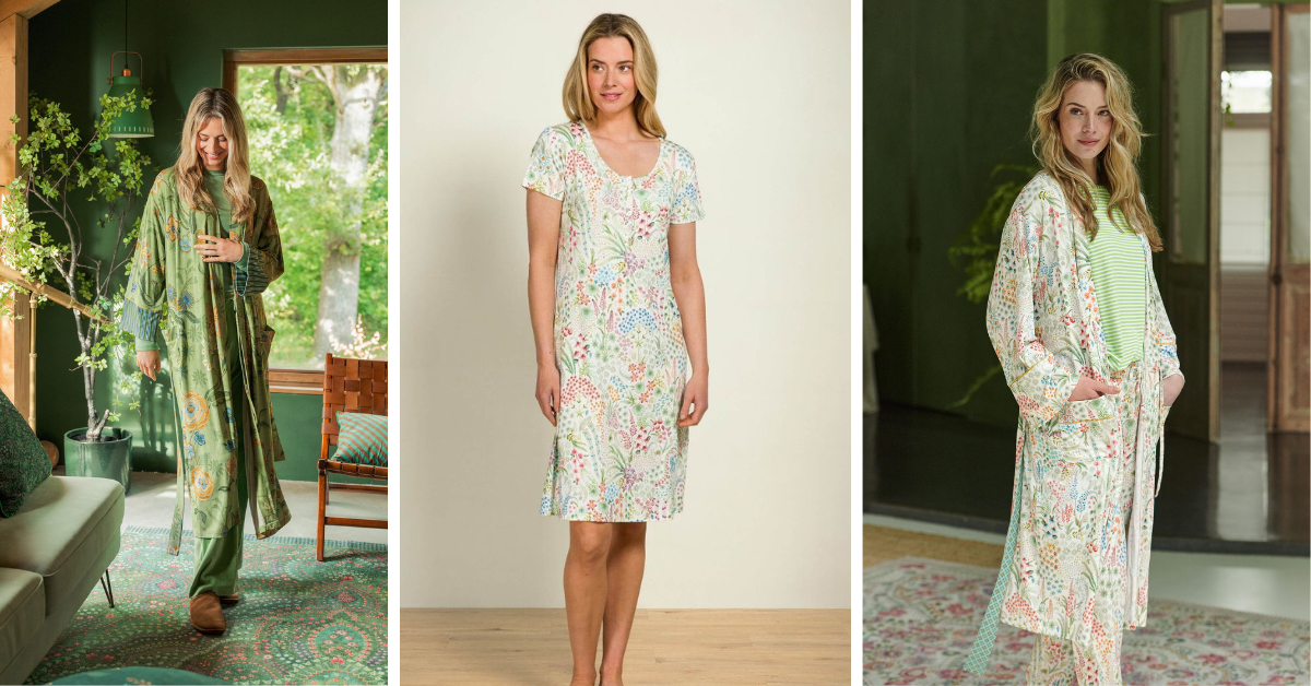 kimona a noční košile Pip Studio Safari Bloom a Querida White s malými a velkými květy v zelených tónech