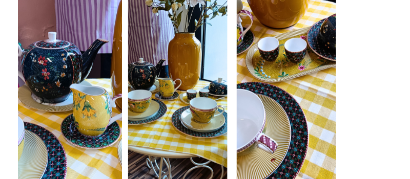 Pip Studio porcelánové talíře, mléčenka, konvice, hrnky z kolekce Berry Blues a La Majorelle žlutá barva a zelená