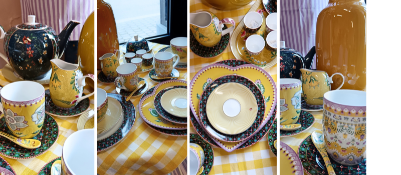 Pip Studio porcelánové talíře, mléčenka, konvice, hrnky z kolekce Berry Blues a La Majorelle žlutá barva a zelená, taky žltý tác a kolekce Lily&Lotus žluté hrnky a lžičky