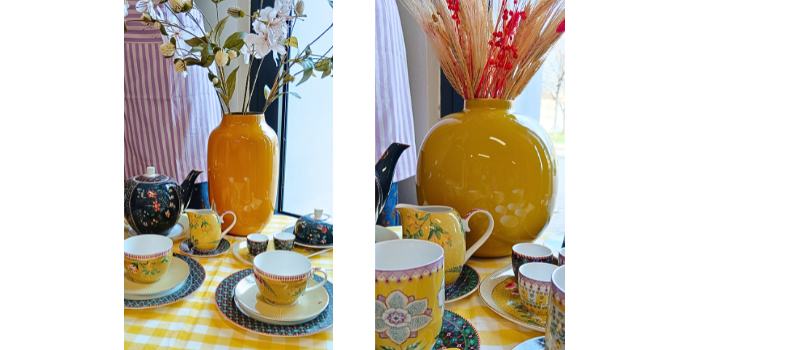 Pip Studio porcelánové talíře, mléčenka, konvice, hrnky z kolekce Berry Blues a La Majorelle žlutá barva a zelená, ovalná váza kovová okrová a kulatá váza žlutá