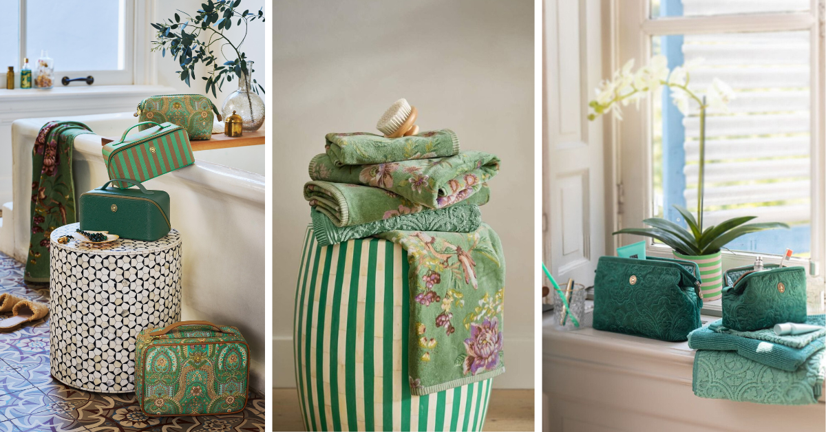 kosmetické taštičky, kufříky v designu Pip Studio Jabali a Velvet Quilted Dreams, kosmeticky kufřík Cyrille jednobarevný a proužkovaný. Froté ručníky a osušky Pip Studio secret Garden v zelené
