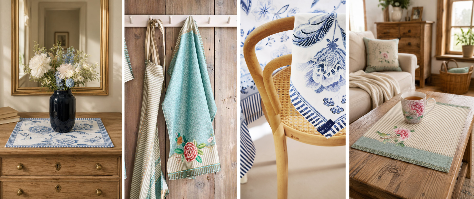 Kuchyňská zástěra a utěrky Pip Studio Blushing Birds v modro-khaki kombinaci s pivoňkou a ptáčkem vedle prostírání Royal. Kuchyňský textil Pip Studio