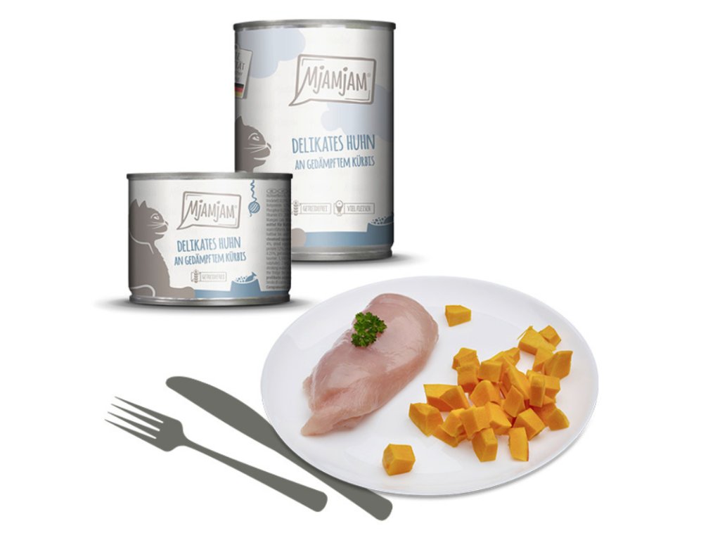 MjAMjAM – kuracie mäso s tekvicou a kocúrnikom, mokré krmivo pre mačky